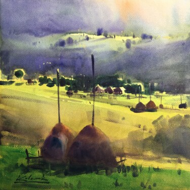 Painting titled "Evening light. Hays…" by Andrii Kovalyk, Original Artwork, Watercolor