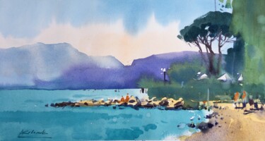 Pintura intitulada "Beach on Lake Garda" por Andrii Kovalyk, Obras de arte originais, Aquarela