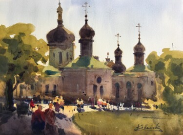 Painting titled "To the church. Ioni…" by Andrii Kovalyk, Original Artwork, Watercolor