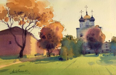 Painting titled "Autumn Pskov" by Andrii Kovalyk, Original Artwork, Watercolor