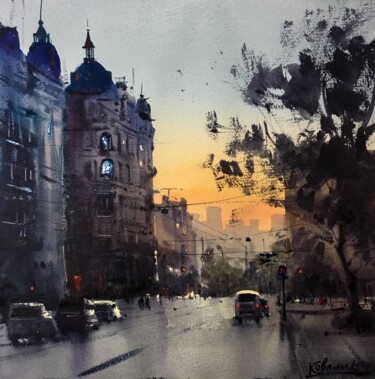 Malerei mit dem Titel "Nighttime Kyiv" von Andrii Kovalyk, Original-Kunstwerk, Aquarell