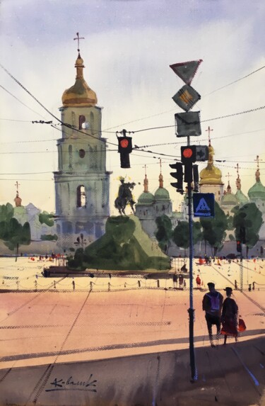 Pintura intitulada "Sofia square. Kyiv" por Andrii Kovalyk, Obras de arte originais, Aquarela