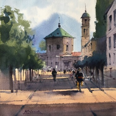 Painting titled "City landscape. Riv…" by Andrii Kovalyk, Original Artwork, Watercolor