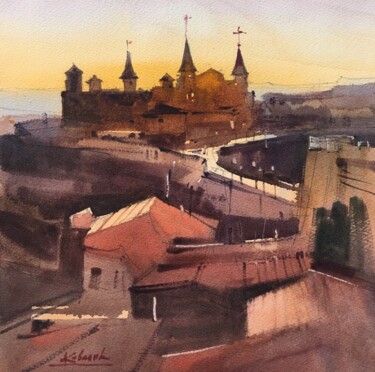 Картина под названием "Castle in the eveni…" - Andrii Kovalyk, Подлинное произведение искусства, Акварель