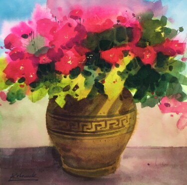 Painting titled "Flowers in a vase" by Andrii Kovalyk, Original Artwork, Watercolor