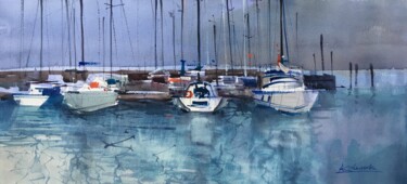 Painting titled "Yachts of italian l…" by Andrii Kovalyk, Original Artwork, Watercolor