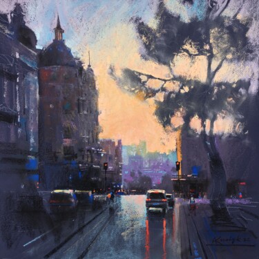 Zeichnungen mit dem Titel "Evening city Kyiv" von Andrii Kovalyk, Original-Kunstwerk, Pastell