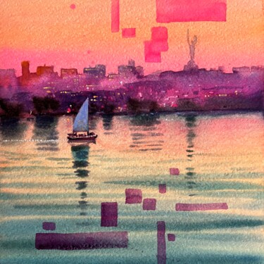 Painting titled "View of evening Kyi…" by Andrii Kovalyk, Original Artwork, Watercolor