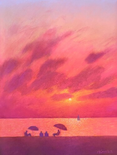 Painting titled "Sunset on the sea" by Andrii Kovalyk, Original Artwork, Pastel Mounted on Cardboard