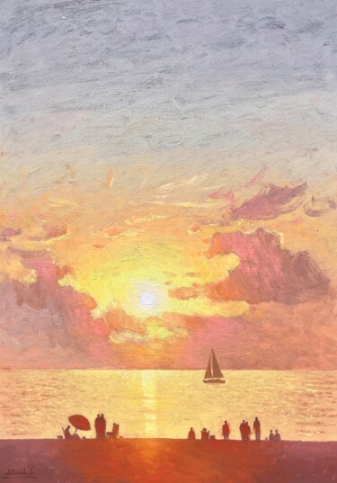 Pittura intitolato "Bright sunset on th…" da Andrii Kovalyk, Opera d'arte originale, Olio