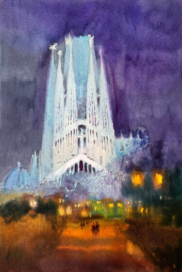 Painting titled "View of the Sagrada…" by Andrii Kovalyk, Original Artwork, Watercolor