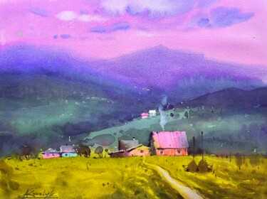 Painting titled "Pink morning in the…" by Andrii Kovalyk, Original Artwork, Watercolor