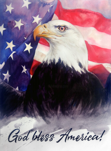 Painting titled "GOD BLESS AMERICA!" by Andrii Safonov, Original Artwork, Watercolor