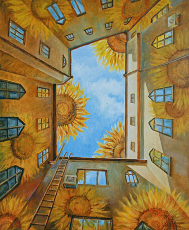 Painting titled "Sunflower Yard" by Andrii Zhukov, Original Artwork, Oil