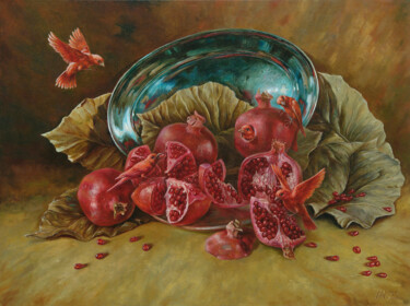 Painting titled "Pomegranate Birds" by Andrii Zhukov, Original Artwork, Oil