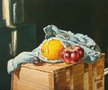 Painting titled "A Melon in Jeans" by Andrii Zhukov, Original Artwork, Oil