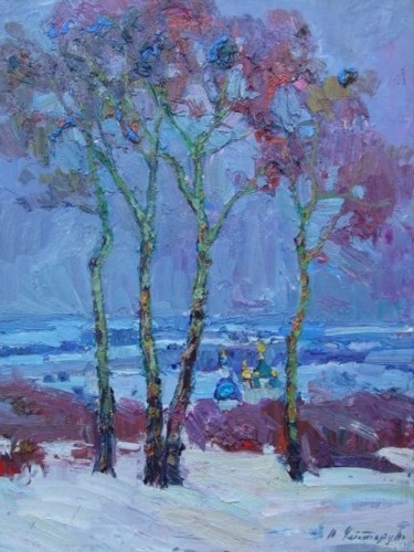 Картина под названием "Winter evening" - Andriy Chebotaru, Подлинное произведение искусства, Масло