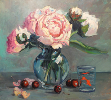 Painting titled "Peonies" by Andriy Chebotaru, Original Artwork, Oil