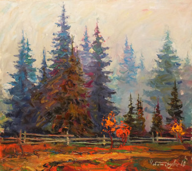 Painting titled "Trees in the fog" by Andriy Chebotaru, Original Artwork, Oil