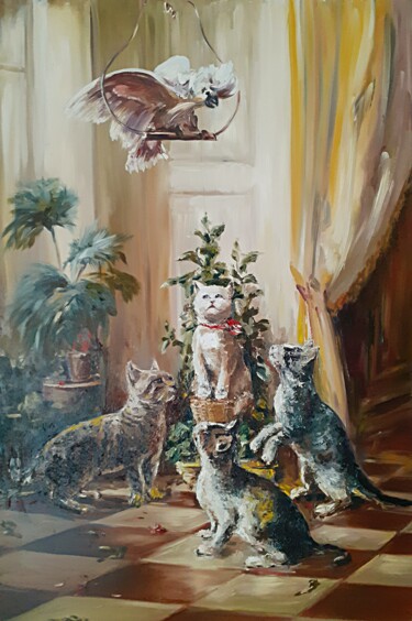 Painting titled "Fluffy against feat…" by Andriy Maslyanko, Original Artwork, Oil Mounted on Wood Stretcher frame