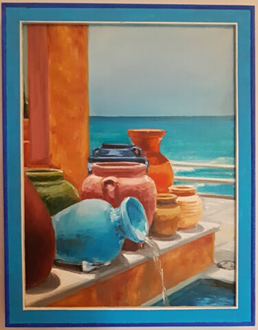 Pintura titulada "Pots, beach and sea" por Andriy Maslyanko, Obra de arte original, Oleo Montado en Bastidor de camilla de m…
