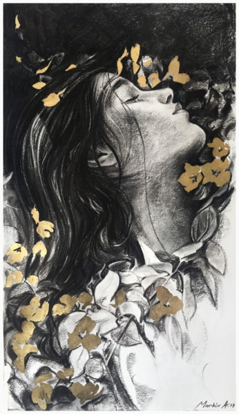 Disegno intitolato "Golden flowers" da Andriy Markiv, Opera d'arte originale, Carbone