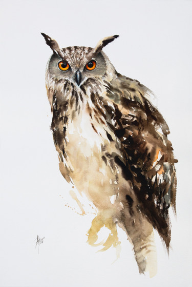 Painting titled "Eurasian Eagle-owl…" by Andrzej Rabiega, Original Artwork, Watercolor
