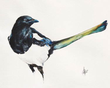 Painting titled "Eurasian Magpie (Pi…" by Andrzej Rabiega, Original Artwork, Watercolor