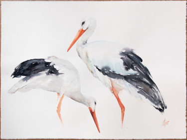 Painting titled "White Storks (Cicon…" by Andrzej Rabiega, Original Artwork, Watercolor