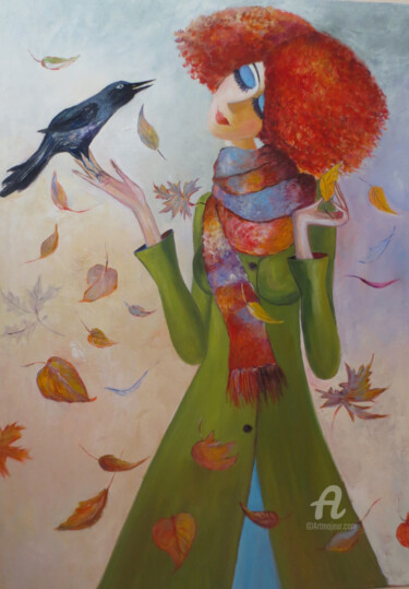 Painting titled "Girl with the crow" by Andy Gakova, Original Artwork, Oil