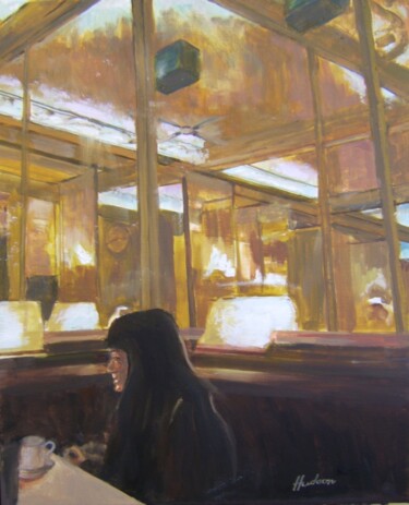 Malerei mit dem Titel "A café in Madrid" von Andy Hudson, Original-Kunstwerk, Öl