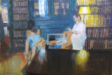 Painting titled "In the library" by Andy Hudson, Original Artwork, Oil Mounted on Wood Stretcher frame