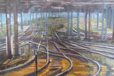 Schilderij getiteld "Large railway junct…" door Andy Hudson, Origineel Kunstwerk, Olie Gemonteerd op Frame voor houten branc…