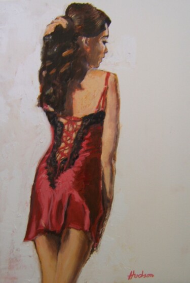 Painting titled "red satin black lace" by Andy Hudson, Original Artwork, Oil Mounted on Wood Stretcher frame