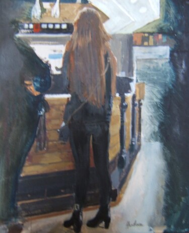 Schilderij getiteld "Long-haired girl at…" door Andy Hudson, Origineel Kunstwerk, Olie Gemonteerd op Houten paneel