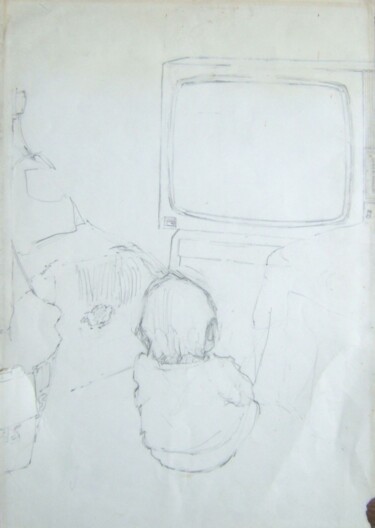 Drawing titled "Devant la télé" by Andy Hudson, Original Artwork