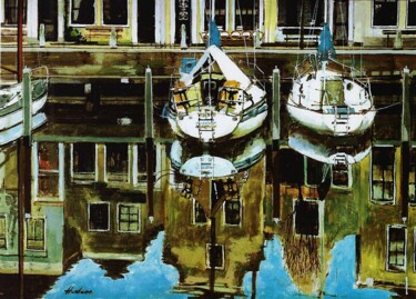 Peinture intitulée "Canal au Pays-Bas" par Andy Hudson, Œuvre d'art originale, Gouache