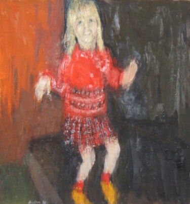 「Esther jumping」というタイトルの絵画 Andy Hudsonによって, オリジナルのアートワーク, オイル ウッドストレッチャーフレームにマウント