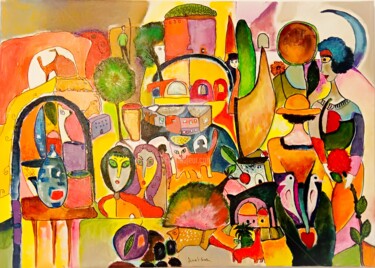 Картина под названием "tea party on the be…" - Anel Gur, Подлинное произведение искусства, Акварель