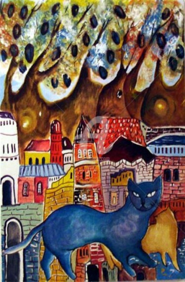 Картина под названием "the cats in the city" - Anel Gur, Подлинное произведение искусства, Масло