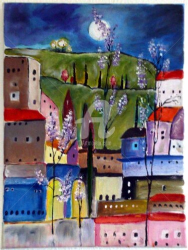 Painting titled "the moon city" by Anel Gur, Original Artwork, Oil