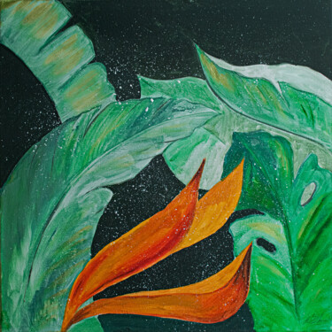 Painting titled "Tropical leaves" by Anelia Shikova, Original Artwork, Acrylic Mounted on Wood Stretcher frame