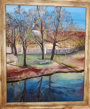 Painting titled "Church in the Garden" by Aneta Horská (Ann), Original Artwork, Tempera Mounted on Wood Stretcher frame