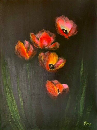 Pittura intitolato "Tulips surrounded b…" da Anet Verdonk, Opera d'arte originale, Olio