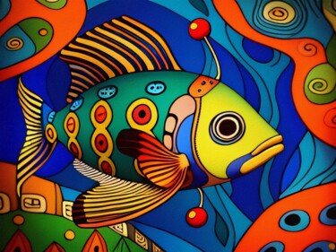 Malerei mit dem Titel "Kolorowa ryba I" von Anna Grochowska, Original-Kunstwerk, Acryl