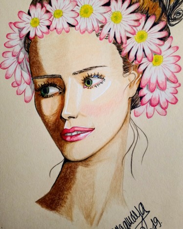 Dessin intitulée "portrait fleuri" par Angamaya, Œuvre d'art originale