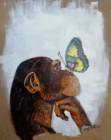 Peinture intitulée "Le chimpanzé et le…" par Angamaya, Œuvre d'art originale, Acrylique