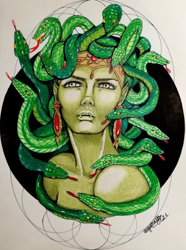 Dessin intitulée "Gorgone." par Angamaya, Œuvre d'art originale, Crayon