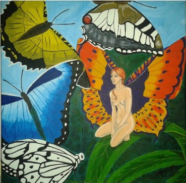 Painting titled "Papillons" by Angamaya, Original Artwork, Acrylic Mounted on Wood Stretcher frame