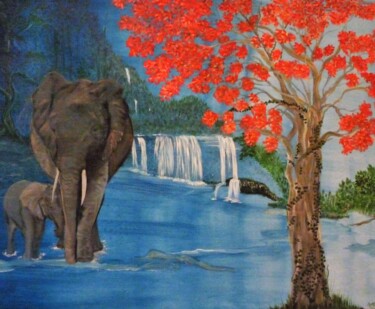 Painting titled "Paradis des Elephan…" by Ange, Original Artwork, Oil